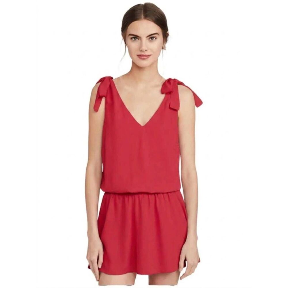 Amanda Uprichard Red Smocked V-Neck Josephine Mini with Shoulder Ties, Small